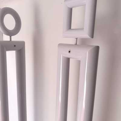 Pair of floor lamps in white lacquered metal model Boy & Girl by Remo Buti for Neofos. Italy 1980. in the style of Memphis group Michele De Lucchi, Matteo Thun, Marco Zanini, Aldo Cibic, Andrea Branzi, Shiro Kuramata, Martine Bedin Masanori Umeda, Joe Colombo, Arteluce, Arredoluce, Lumi, Luci, Rggiani, Sciolari, Pierre Cardin mid-century modern space age chandelier lamps brass metal chrome stainless steel 1970