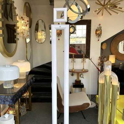 Pair of floor lamps in white lacquered metal model Boy & Girl by Remo Buti for Neofos. Italy 1980. in the style of Memphis group Michele De Lucchi, Matteo Thun, Marco Zanini, Aldo Cibic, Andrea Branzi, Shiro Kuramata, Martine Bedin Masanori Umeda, Joe Colombo, Arteluce, Arredoluce, Lumi, Luci, Rggiani, Sciolari, Pierre Cardin mid-century modern space age chandelier lamps brass metal chrome stainless steel 1970