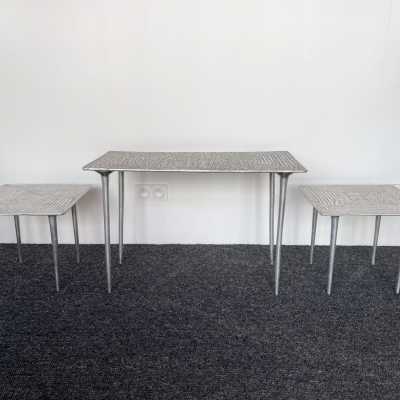 Set of 3 coffee tables and side tables in cast iron. Italy 1990 Garouste and Bonetti, Hubert Le Gall, Waiting for the Barbarians 1980