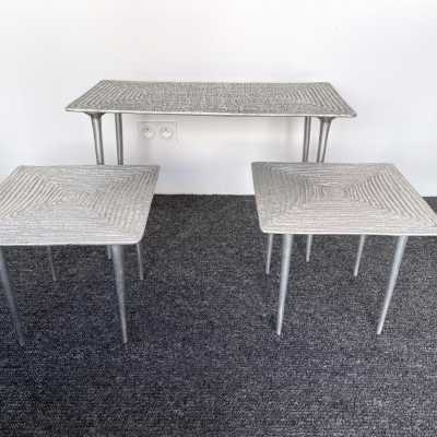 Set of 3 coffee tables and side tables in cast iron. Italy 1990 Garouste and Bonetti, Hubert Le Gall, Waiting for the Barbarians 1980
