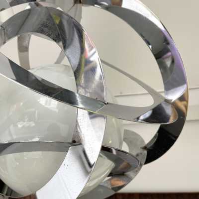 Space age saturn chandelier or suspension in chromed metal and opaline Murano glass. Italy 1970. in the style of Venini, Vistosi, Veronese, La Murrina, Stilux, Aldo Carlo Nason, Stilnovo, Joe Colombo, Arteluce, Arredoluce, Lumi, Luci, Rggiani, Sciolari, Werner Pantone, Luigi Colani, Raak, Angelo Lelii, Angelo Brotto, Esperia, Francesco Bocola, Superstudio, Enrico Tronconi, Mario Bellini, Harvey Guzzini, Luigi Massoni, Martinelli, Pierre Cardin, Fabio Lenci, Gio Ponti. floor lamp sconces