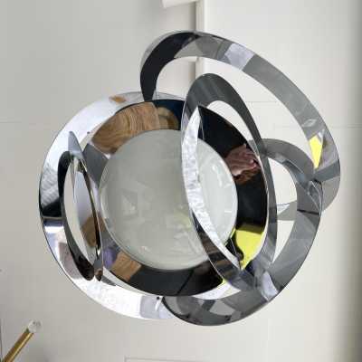 Space age saturn chandelier or suspension in chromed metal and opaline Murano glass. Italy 1970. in the style of Venini, Vistosi, Veronese, La Murrina, Stilux, Aldo Carlo Nason, Stilnovo, Joe Colombo, Arteluce, Arredoluce, Lumi, Luci, Rggiani, Sciolari, Werner Pantone, Luigi Colani, Raak, Angelo Lelii, Angelo Brotto, Esperia, Francesco Bocola, Superstudio, Enrico Tronconi, Mario Bellini, Harvey Guzzini, Luigi Massoni, Martinelli, Pierre Cardin, Fabio Lenci, Gio Ponti. floor lamp sconces