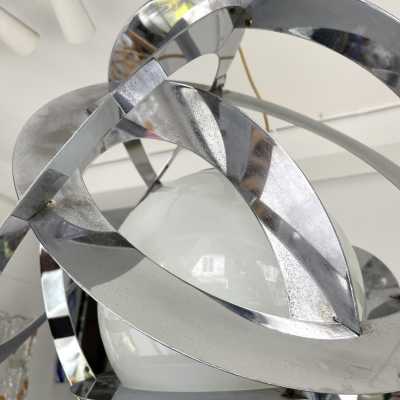 Space age saturn chandelier or suspension in chromed metal and opaline Murano glass. Italy 1970. in the style of Venini, Vistosi, Veronese, La Murrina, Stilux, Aldo Carlo Nason, Stilnovo, Joe Colombo, Arteluce, Arredoluce, Lumi, Luci, Rggiani, Sciolari, Werner Pantone, Luigi Colani, Raak, Angelo Lelii, Angelo Brotto, Esperia, Francesco Bocola, Superstudio, Enrico Tronconi, Mario Bellini, Harvey Guzzini, Luigi Massoni, Martinelli, Pierre Cardin, Fabio Lenci, Gio Ponti. floor lamp sconces