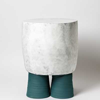 White and blue glazed ceramic stool or coffee table by Mia Jensen