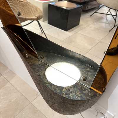 Extra Large Amber Glass Illuminating Mirror by Cristal Art. Italy 1960. in the style of Fontana Arte, Pier Luigi Colli. mid-century modern 1970 metal brass wood 1950