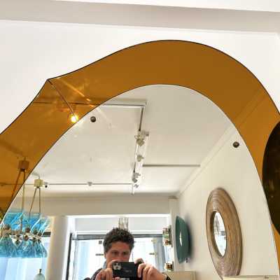 Extra Large Amber Glass Illuminating Mirror by Cristal Art. Italy 1960. in the style of Fontana Arte, Pier Luigi Colli. mid-century modern 1970 metal brass wood 1950
