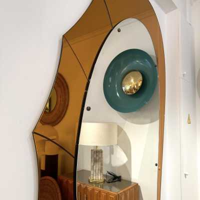 Extra Large Amber Glass Illuminating Mirror by Cristal Art. Italy 1960. in the style of Fontana Arte, Pier Luigi Colli. mid-century modern 1970 metal brass wood 1950