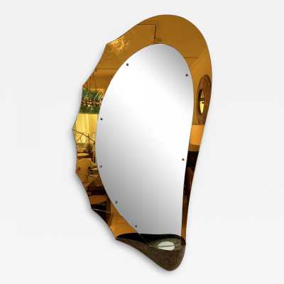 Extra Large Amber Glass Illuminating Mirror by Cristal Art. Italy 1960. in the style of Fontana Arte, Pier Luigi Colli. mid-century modern 1970 metal brass wood 1950