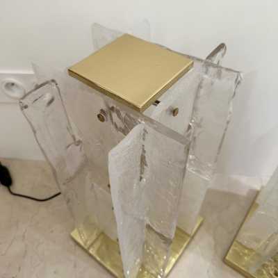 Pair of Murano glass and brass lamps by Mazzega. Italy 1970. design attributed to Carlo Nason. in the style of Venini, Vistosi, La Murrina, Seguso, Aldo Nason, Poliarte, Esperia, Angelo Brotto, Stilnovo, Arteluce, Arredoluce, Artemide, Pierre Cardin, Lumi, Luci, Raak chandelier sconces pendant lightning metal stainless steel mid-century modern space age italy 1960 1970 1980