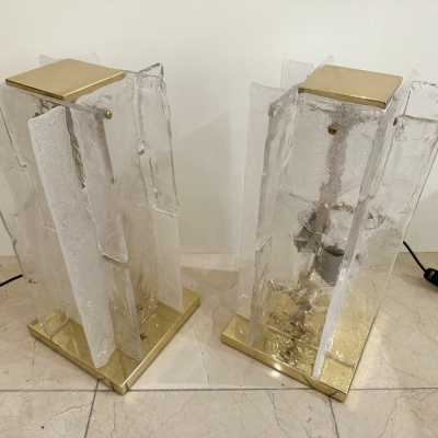 Pair of Murano glass and brass lamps by Mazzega. Italy 1970. design attributed to Carlo Nason. in the style of Venini, Vistosi, La Murrina, Seguso, Aldo Nason, Poliarte, Esperia, Angelo Brotto, Stilnovo, Arteluce, Arredoluce, Artemide, Pierre Cardin, Lumi, Luci, Raak chandelier sconces pendant lightning metal stainless steel mid-century modern space age italy 1960 1970 1980