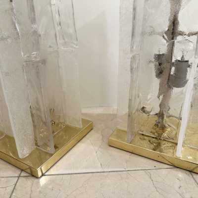 Pair of Murano glass and brass lamps by Mazzega. Italy 1970. design attributed to Carlo Nason. in the style of Venini, Vistosi, La Murrina, Seguso, Aldo Nason, Poliarte, Esperia, Angelo Brotto, Stilnovo, Arteluce, Arredoluce, Artemide, Pierre Cardin, Lumi, Luci, Raak chandelier sconces pendant lightning metal stainless steel mid-century modern space age italy 1960 1970 1980