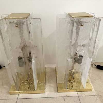 Pair of Murano glass and brass lamps by Mazzega. Italy 1970. design attributed to Carlo Nason. in the style of Venini, Vistosi, La Murrina, Seguso, Aldo Nason, Poliarte, Esperia, Angelo Brotto, Stilnovo, Arteluce, Arredoluce, Artemide, Pierre Cardin, Lumi, Luci, Raak chandelier sconces pendant lightning metal stainless steel mid-century modern space age italy 1960 1970 1980