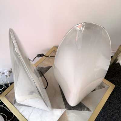 Pair of icicle lamps in white smoked Murano glass and metal by Mazzega. Italy 1970. design attributed to Carlo Nason. in the style of Venini, Vistosi, La Murrina, Aldo Nason, Stilnovo, Joe Colombo, Arteluce, Arredoluce, Lumi, Luci, Rggiani, Sciolari, Werner Pantone, Luigi Colani, Raak, Angelo Lelii, Angelo Brotto, Esperia, Martinelli, Pierre Cardin chandelier sconces pendant lightning mid-century modern space age brass stainless steel 1970