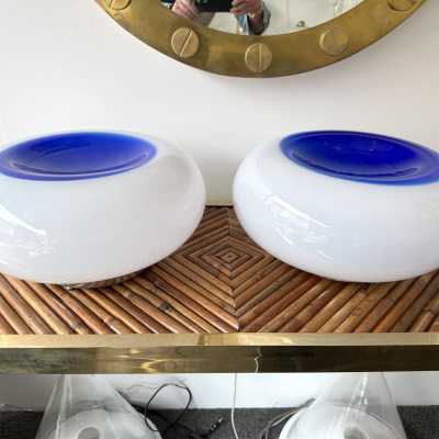 Pair of blue eyes lamps in Murano glass and metal by the editor Murano Due. Italy 1970. in the style of Venini, Vistosi, La Murrina, Seguso, Aldo Carlo Nason, Poliarte, Esperia, Angelo Brotto, Stilnovo, Arteluce, Arredoluce, Mazzega, Pierre Cardin, Lumi, Luci, Raak, Angelo Lelii, Francesco Bocola, Superstudio, Enrico Tronconi, Mario Bellini, Harvey Guzzini, Luigi Massoni, Martinelli, Fabio Lenci, Gio Ponti. floor lamp chandelier sconces pendant lightning mid-century modern space age italy 1960 1970