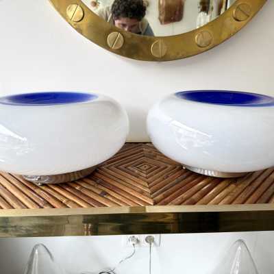 Pair of blue eyes lamps in Murano glass and metal by the editor Murano Due. Italy 1970. in the style of Venini, Vistosi, La Murrina, Seguso, Aldo Carlo Nason, Poliarte, Esperia, Angelo Brotto, Stilnovo, Arteluce, Arredoluce, Mazzega, Pierre Cardin, Lumi, Luci, Raak, Angelo Lelii, Francesco Bocola, Superstudio, Enrico Tronconi, Mario Bellini, Harvey Guzzini, Luigi Massoni, Martinelli, Fabio Lenci, Gio Ponti. floor lamp chandelier sconces pendant lightning mid-century modern space age italy 1960 1970