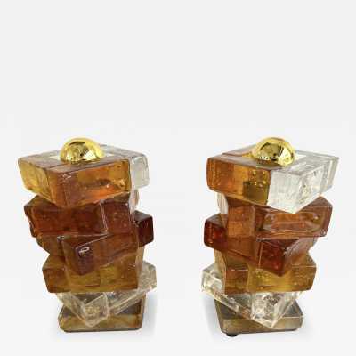 Pair of cube lamps in amber and transparent pressed glass by Poliarte. Italy 1970. in the style of Venini, Vistosi, La Murrina, Aldo Carlo Nason, Stilnovo, Joe Colombo, Arteluce, Arredoluce, Lumi, Luci, Reggiani, Sciolari, Werner Pantone, Luigi Colani, Raak, Angelo Lelii, Angelo Brotto, Esperia mid-century modern space age brass wood metal stainless steel chandelier ceiling pendant lightning floor lamp