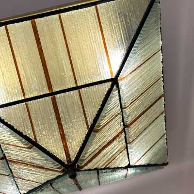 Pair of Pyramid ceiling or pendant lamp in hammered glass, metal and brass by Poliarte. Italy 1970. in the style of Biancardi and Jordan Arte, Longobard, Venini, Vistosi, La Murrina, Aldo Carlo Nason for Mazzega Murano, Toni Zuccheri for VeArt, Stilnovo, Joe Colombo, Arteluce, Arredoluce, Lumi, Luci, Rggiani, Sciolari. mid-century modern space chandelier ceiling pendant lightning flush mount