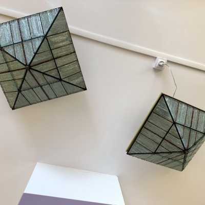 Pair of Pyramid ceiling or pendant lamp in hammered glass, metal and brass by Poliarte. Italy 1970. in the style of Biancardi and Jordan Arte, Longobard, Venini, Vistosi, La Murrina, Aldo Carlo Nason for Mazzega Murano, Toni Zuccheri for VeArt, Stilnovo, Joe Colombo, Arteluce, Arredoluce, Lumi, Luci, Rggiani, Sciolari. mid-century modern space chandelier ceiling pendant lightning flush mount