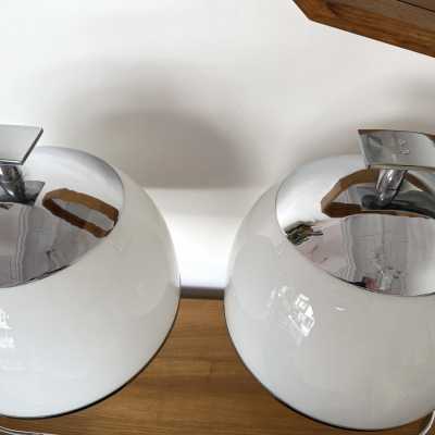 Pair of lamps in chromed metal and Murano glass. Italy 1970. design attributed to Reggiani. in the style of Venini, Vistosi, La Murrina, Seguso, Carlo Nason, Poliarte, Esperia, Angelo Brotto, Stilnovo, Arteluce, Arredoluce, Artemide, Pierre Cardin, Lumi, Luci, Raak, Angelo Lelii, Francesco Bocola, Superstudio, Enrico Tronconi , Mario Bellini, Harvey Guzzini, Luigi Massoni, Martinelli, Fabio Lenci, Gio Ponti floor lamp chandelier pendant lightning brass stainless steel mid-century modern space age italy