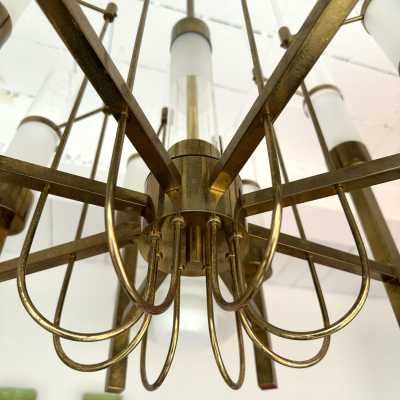 Brass and glass tube chandelier by Sciolari. Italy 1960. in the style of Venini, Vistosi, La Murrina, Seguso, Aldo Nason, Poliarte, Esperia, Angelo Brotto, Stilnovo, Arteluce, Arredoluce, Artemide, Pierre Cardin, Lumi, Luci, Raak, Angelo Lelii, Francesco Bocola, Superstudio , Enrico Tronconi, Mario Bellini, Harvey Guzzini, Luigi Massoni, Martinelli, Fabio Lenci, Gio Ponti, Reggiani metal sconces during lightning mid-century modern italy 1970