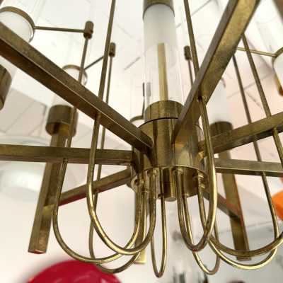 Brass and glass tube chandelier by Sciolari. Italy 1960. in the style of Venini, Vistosi, La Murrina, Seguso, Aldo Nason, Poliarte, Esperia, Angelo Brotto, Stilnovo, Arteluce, Arredoluce, Artemide, Pierre Cardin, Lumi, Luci, Raak, Angelo Lelii, Francesco Bocola, Superstudio , Enrico Tronconi, Mario Bellini, Harvey Guzzini, Luigi Massoni, Martinelli, Fabio Lenci, Gio Ponti, Reggiani metal sconces during lightning mid-century modern italy 1970