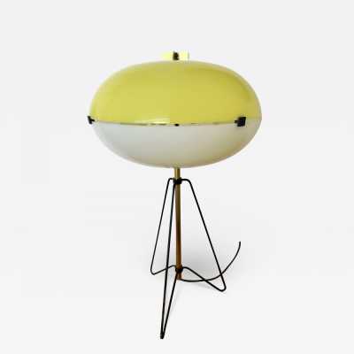 Table lamp in yellow and white methacrylate, black lacquered metal and brass by Stilnovo. Italy 1960. Original publisher's label. in the style of Reggiani, Sciolari, Francesco Buzzi Ceriani, Angelo Brotto for Esperia, Aldo Carlo Nason for Mazzega, Venini, Vistosi, La Murrina, Toni Zuccheri, Fontana Arte, Artemide, Arteluce, Arredoluce, Luigi Caccia Dominioni floor lamp chandelier sconces metal stainless steel mid-century modern space age modernist italy 1950 1970