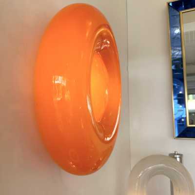Pair of Bonbon sconces in orange Murano glass by Vistosi. Italy 2000. Original publisher's label. in the style of Fabbian, Venini, Veronese, La Murrina, Aldo Nason, Stilnovo, Joe Colombo, Arteluce, Arredoluce, Lumi, Luci, Rggiani, Sciolari, Werner Pantone, Luigi Colani, Raak, Angelo Lelii, Angelo Brotto, Esperia mid- century modern space brass metal stainless steel wood floor lamp chandelier pendant lightning wall light