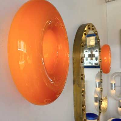 Pair of Bonbon sconces in orange Murano glass by Vistosi. Italy 2000. Original publisher's label. in the style of Fabbian, Venini, Veronese, La Murrina, Aldo Nason, Stilnovo, Joe Colombo, Arteluce, Arredoluce, Lumi, Luci, Rggiani, Sciolari, Werner Pantone, Luigi Colani, Raak, Angelo Lelii, Angelo Brotto, Esperia mid- century modern space brass metal stainless steel wood floor lamp chandelier pendant lightning wall light
