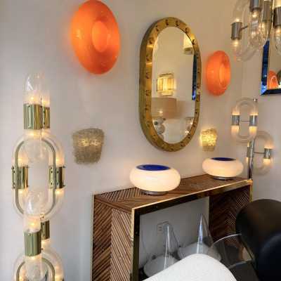 Pair of Bonbon sconces in orange Murano glass by Vistosi. Italy 2000. Original publisher's label. in the style of Fabbian, Venini, Veronese, La Murrina, Aldo Nason, Stilnovo, Joe Colombo, Arteluce, Arredoluce, Lumi, Luci, Rggiani, Sciolari, Werner Pantone, Luigi Colani, Raak, Angelo Lelii, Angelo Brotto, Esperia mid- century modern space brass metal stainless steel wood floor lamp chandelier pendant lightning wall light