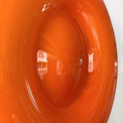 Pair of Bonbon sconces in orange Murano glass by Vistosi. Italy 2000. Original publisher's label. in the style of Fabbian, Venini, Veronese, La Murrina, Aldo Nason, Stilnovo, Joe Colombo, Arteluce, Arredoluce, Lumi, Luci, Rggiani, Sciolari, Werner Pantone, Luigi Colani, Raak, Angelo Lelii, Angelo Brotto, Esperia mid- century modern space brass metal stainless steel wood floor lamp chandelier pendant lightning wall light