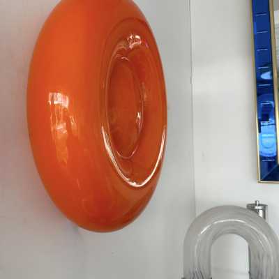 Pair of Bonbon sconces in orange Murano glass by Vistosi. Italy 2000. Original publisher's label. in the style of Fabbian, Venini, Veronese, La Murrina, Aldo Nason, Stilnovo, Joe Colombo, Arteluce, Arredoluce, Lumi, Luci, Rggiani, Sciolari, Werner Pantone, Luigi Colani, Raak, Angelo Lelii, Angelo Brotto, Esperia mid- century modern space brass metal stainless steel wood floor lamp chandelier pendant lightning wall light