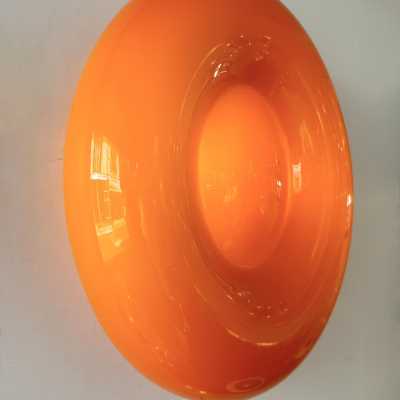 Pair of Bonbon sconces in orange Murano glass by Vistosi. Italy 2000. Original publisher's label. in the style of Fabbian, Venini, Veronese, La Murrina, Aldo Nason, Stilnovo, Joe Colombo, Arteluce, Arredoluce, Lumi, Luci, Rggiani, Sciolari, Werner Pantone, Luigi Colani, Raak, Angelo Lelii, Angelo Brotto, Esperia mid- century modern space brass metal stainless steel wood floor lamp chandelier pendant lightning wall light
