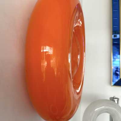 Pair of Bonbon sconces in orange Murano glass by Vistosi. Italy 2000. Original publisher's label. in the style of Fabbian, Venini, Veronese, La Murrina, Aldo Nason, Stilnovo, Joe Colombo, Arteluce, Arredoluce, Lumi, Luci, Rggiani, Sciolari, Werner Pantone, Luigi Colani, Raak, Angelo Lelii, Angelo Brotto, Esperia mid- century modern space brass metal stainless steel wood floor lamp chandelier pendant lightning wall light