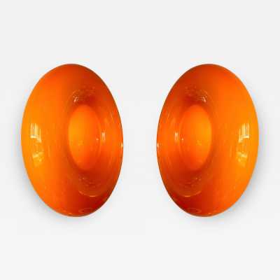 Pair of Bonbon sconces in orange Murano glass by Vistosi. Italy 2000. Original publisher's label. in the style of Fabbian, Venini, Veronese, La Murrina, Aldo Nason, Stilnovo, Joe Colombo, Arteluce, Arredoluce, Lumi, Luci, Rggiani, Sciolari, Werner Pantone, Luigi Colani, Raak, Angelo Lelii, Angelo Brotto, Esperia mid- century modern space brass metal stainless steel wood floor lamp chandelier pendant lightning wall light