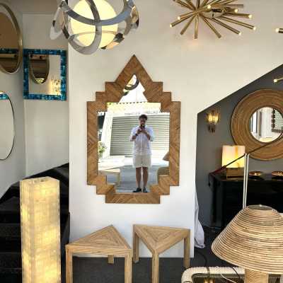 Large Pyramid Rattan Mirror by Vivai Del Sud. Italy 1970. Original publisher's label on the back. in the style of Maison Arpex International, Dal Vera, Renato Zevi, Romeo Rega, Maison Jansen, Mario Sabot. mid-century modern space age hollywood regency brass metal stainless steel bamboo wood