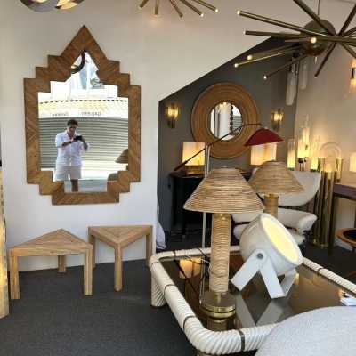 Large Pyramid Rattan Mirror by Vivai Del Sud. Italy 1970. Original publisher's label on the back. in the style of Maison Arpex International, Dal Vera, Renato Zevi, Romeo Rega, Maison Jansen, Mario Sabot. mid-century modern space age hollywood regency brass metal stainless steel bamboo wood