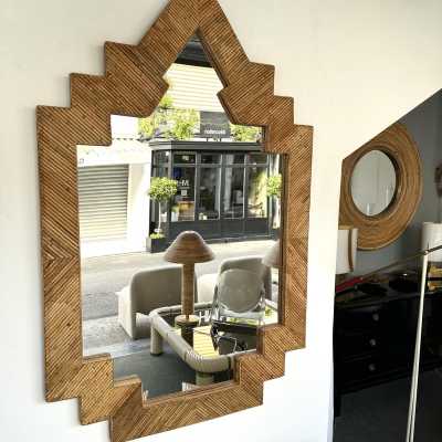 Large Pyramid Rattan Mirror by Vivai Del Sud. Italy 1970. Original publisher's label on the back. in the style of Maison Arpex International, Dal Vera, Renato Zevi, Romeo Rega, Maison Jansen, Mario Sabot. mid-century modern space age hollywood regency brass metal stainless steel bamboo wood