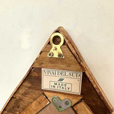 Large Pyramid Rattan Mirror by Vivai Del Sud. Italy 1970. Original publisher's label on the back. in the style of Maison Arpex International, Dal Vera, Renato Zevi, Romeo Rega, Maison Jansen, Mario Sabot. mid-century modern space age hollywood regency brass metal stainless steel bamboo wood