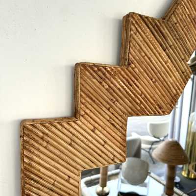 Large Pyramid Rattan Mirror by Vivai Del Sud. Italy 1970. Original publisher's label on the back. in the style of Maison Arpex International, Dal Vera, Renato Zevi, Romeo Rega, Maison Jansen, Mario Sabot. mid-century modern space age hollywood regency brass metal stainless steel bamboo wood