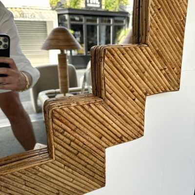 Large Pyramid Rattan Mirror by Vivai Del Sud. Italy 1970. Original publisher's label on the back. in the style of Maison Arpex International, Dal Vera, Renato Zevi, Romeo Rega, Maison Jansen, Mario Sabot. mid-century modern space age hollywood regency brass metal stainless steel bamboo wood