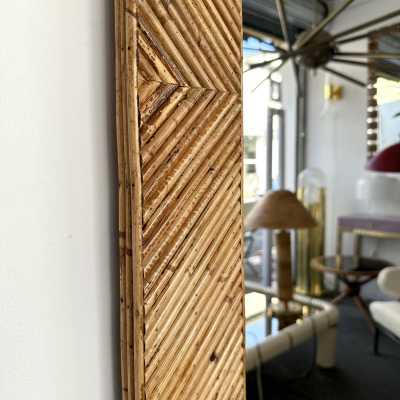 Large Pyramid Rattan Mirror by Vivai Del Sud. Italy 1970. Original publisher's label on the back. in the style of Maison Arpex International, Dal Vera, Renato Zevi, Romeo Rega, Maison Jansen, Mario Sabot. mid-century modern space age hollywood regency brass metal stainless steel bamboo wood
