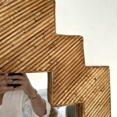 Large Pyramid Rattan Mirror by Vivai Del Sud. Italy 1970. Original publisher's label on the back. in the style of Maison Arpex International, Dal Vera, Renato Zevi, Romeo Rega, Maison Jansen, Mario Sabot. mid-century modern space age hollywood regency brass metal stainless steel bamboo wood