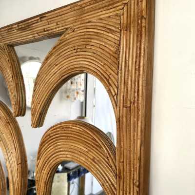 Large Rattan Palm Tree Mirror by Vivai Del Sud. Italy 1970. Original publisher's label on the back. in the style of Maison Arpex International, Dal Vera, Renato Zevi, Romeo Rega, Maison Jansen brass palm tree, Mario Sabot. mid-century modern space age hollywood regency wood metal stainless steel palm tree lamp and floor lamp
