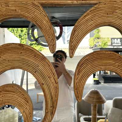 Large Rattan Palm Tree Mirror by Vivai Del Sud. Italy 1970. Original publisher's label on the back. in the style of Maison Arpex International, Dal Vera, Renato Zevi, Romeo Rega, Maison Jansen brass palm tree, Mario Sabot. mid-century modern space age hollywood regency wood metal stainless steel palm tree lamp and floor lamp