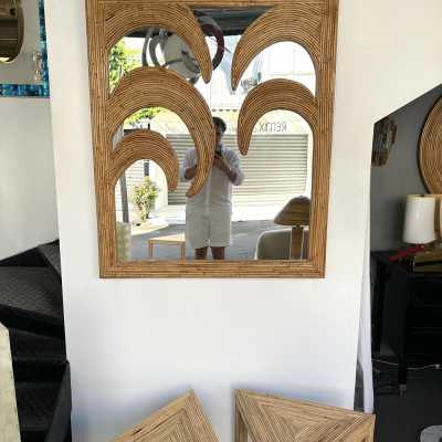 Large Rattan Palm Tree Mirror by Vivai Del Sud. Italy 1970. Original publisher's label on the back. in the style of Maison Arpex International, Dal Vera, Renato Zevi, Romeo Rega, Maison Jansen brass palm tree, Mario Sabot. mid-century modern space age hollywood regency wood metal stainless steel palm tree lamp and floor lamp