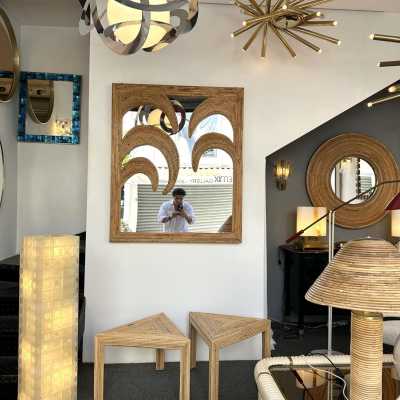 Large Rattan Palm Tree Mirror by Vivai Del Sud. Italy 1970. Original publisher's label on the back. in the style of Maison Arpex International, Dal Vera, Renato Zevi, Romeo Rega, Maison Jansen brass palm tree, Mario Sabot. mid-century modern space age hollywood regency wood metal stainless steel palm tree lamp and floor lamp
