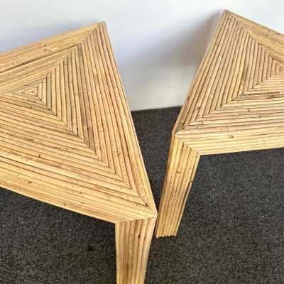 Set of 3 rattan coffee tables or side tables by Vivai Del Sud. Italy 1970. Original label from the publisher. in the style of Maison Arpex International, Dal Vera, Renato Zevi, Romeo Rega, Maison Jansen brass palm tree, Mario Sabot. mid-century modern space age bamboo wood metal brass stainless steel palm tree lamp and floor lamp
