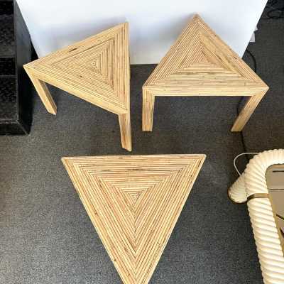 Set of 3 rattan coffee tables or side tables by Vivai Del Sud. Italy 1970. Original label from the publisher. in the style of Maison Arpex International, Dal Vera, Renato Zevi, Romeo Rega, Maison Jansen brass palm tree, Mario Sabot. mid-century modern space age bamboo wood metal brass stainless steel palm tree lamp and floor lamp