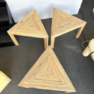 Set of 3 rattan coffee tables or side tables by Vivai Del Sud. Italy 1970. Original label from the publisher. in the style of Maison Arpex International, Dal Vera, Renato Zevi, Romeo Rega, Maison Jansen brass palm tree, Mario Sabot. mid-century modern space age bamboo wood metal brass stainless steel palm tree lamp and floor lamp