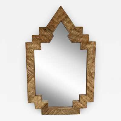 Large Pyramid Rattan Mirror by Vivai Del Sud. Italy 1970. Original publisher's label on the back. in the style of Maison Arpex International, Dal Vera, Renato Zevi, Romeo Rega, Maison Jansen, Mario Sabot. mid-century modern space age hollywood regency brass metal stainless steel bamboo wood